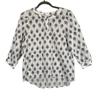 Pure Jill Blouse Size XS Ikat Print 3/4 Sleeve Blue White Puff Sleeve Boho Beach